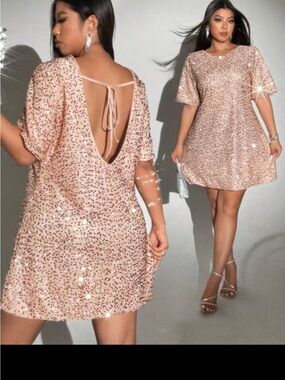 SHEIN Rose Gold Sequin Short Dress with Back Tie